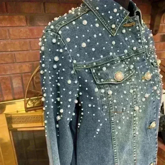 QUACKER FACTORY PEARL & RHINESTONE WESTERN BLUE DENIM JEAN JACKET SHACKET SZ S-L - Picture 4 of 15